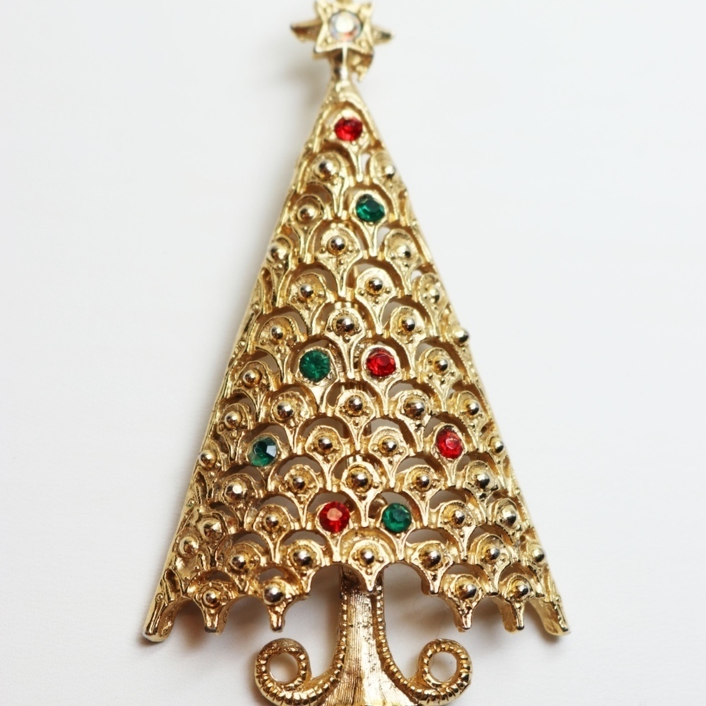 Gold Holiday Tree Brooch with Red & Green Crystals